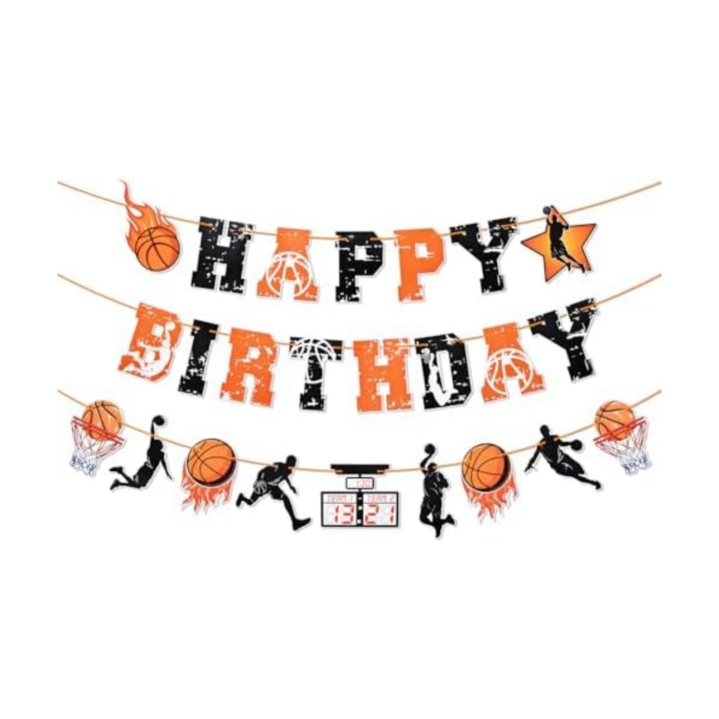 Basketball Happy Birthday Banner - Orange and Black Sports-Themed Party Decoration with Basketball Hoops and Fireball Design, Pre-Assembled, No DIY Required, Festive Indoor Outdoor Birthday Party Supplies