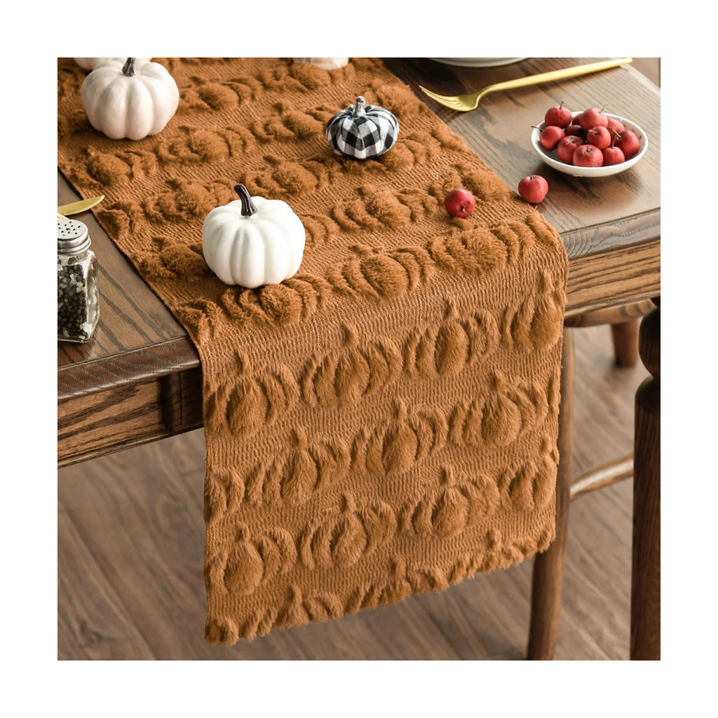 Artoid Mode Caramel Soft Faux Fur Pumpkins Fall Table Runner 13x108 Inch