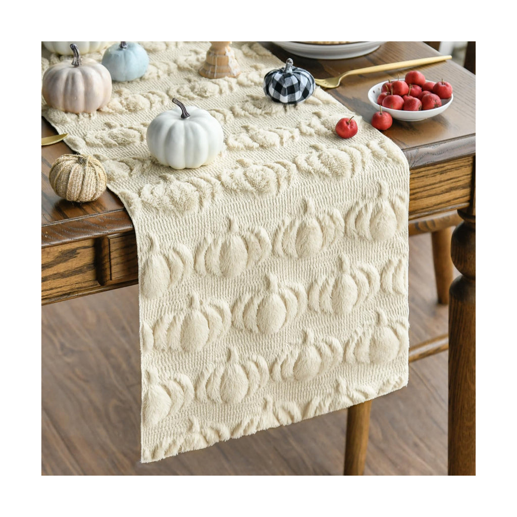 Artoid Mode Beige Soft Faux Fur Pumpkins Fall Table Runner 13x120 Inch