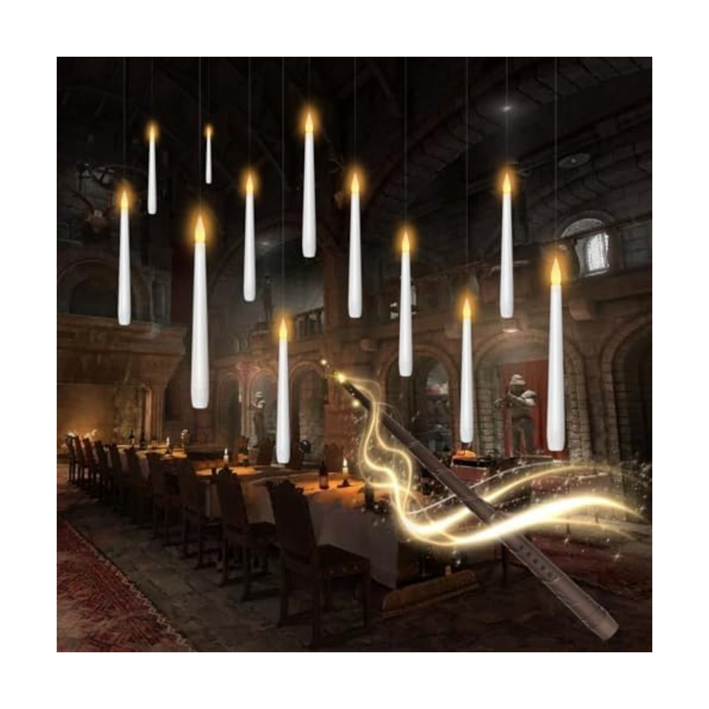 kakoya Flameless Floating Candles with Wand，12 Pcs Magic LED Hanging Taper Candles，Flickering Battery Operated Taper Candle with Wand Remote for Halloween Decorations Best Gift（White）