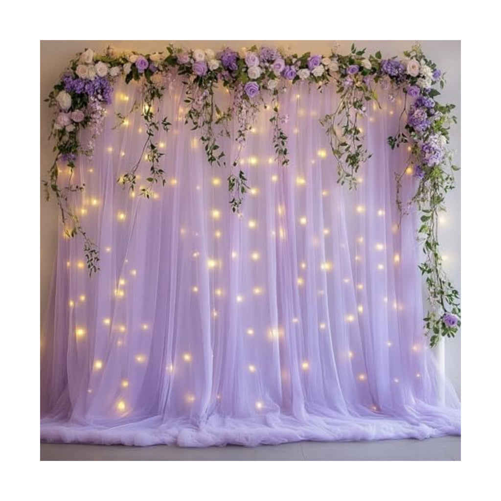 Tulle Curtain Backdrop with 300 LED Fairy Lights for Parites Wrinkle-Free Sheer Curtain Drapes Photo Back Drop for Wedding Baby Shower Bridal Shower Birthday Home Décor - 10ft×10ft, Lavender