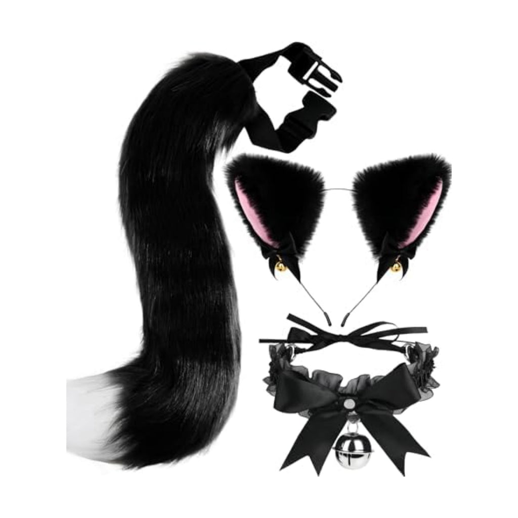 Cat Ears and Tail,Wolf Fox Ears Long Tail and Bell Lace Choker Set for Halloween,Animal Cosplay Party Costume