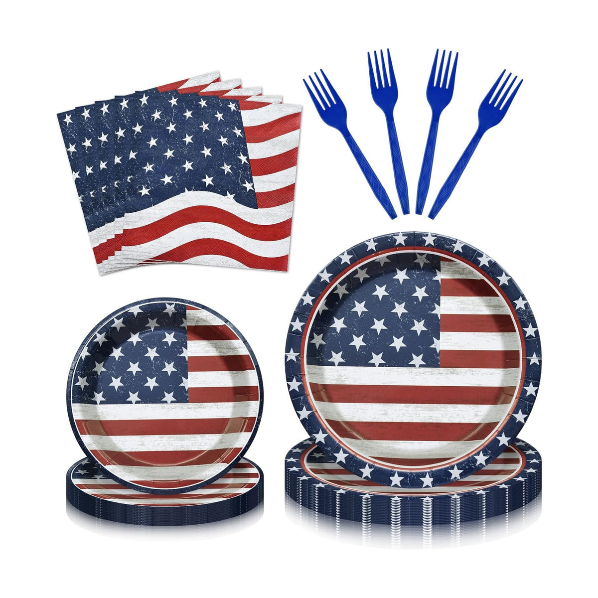 96 Pieces 4th of July Tableware Set – American Flag Disposable Plates, Napkins and Forks, Patriotic Stars and Stripes Party Supplies for Independence Day, Memorial Day and Veterans Day Decorations