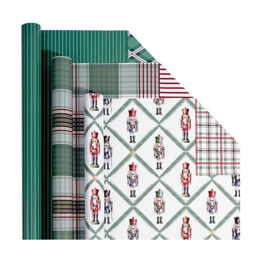 LaRibbons Reversible Plaid Christmas Wrapping Paper Set, Retro Nutcracker
