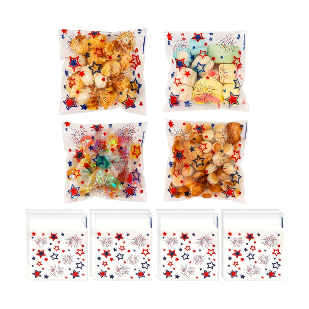 Red White Blue Star Patriotic Candy Bags, 100 PCS American Independence Day 4th of July Self Sealing Plastic Ziplock Cellophane Treat Goodie Gifts Snack Cookie Bags Party Favors Supplies Pouch Baggies