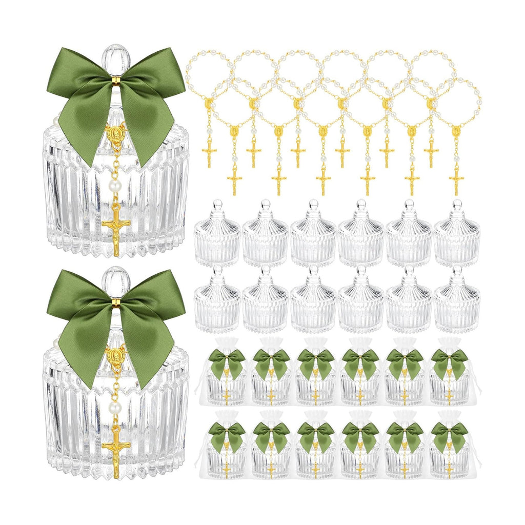 Chuangdi 12 Sets 48 Pcs Baptism Favors for Guests Crystal Candy Bowl Gifts with 12 Pcs Cross Rosary for Baptism Decorations Wedding Baby Shower Supplies First Communion Party(Green)