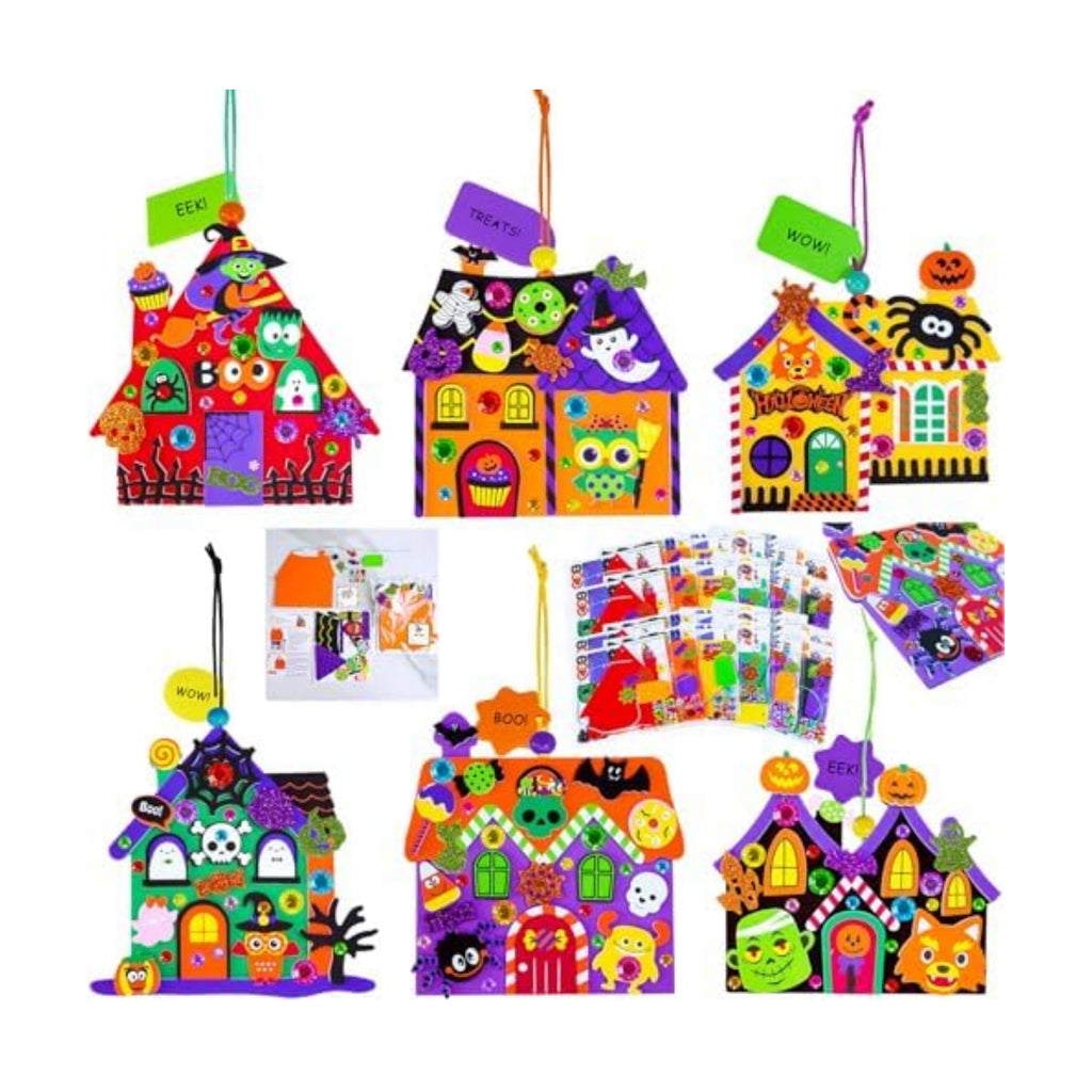 Winlyn 24 Sets Halloween Crafts Kits DIY Halloween House Ornaments Decorations Art Sets Monster Ghost Bat Foam Stickers Fall Arts and Crafts for Kids Classroom Activities Trick-or-Treat Party Favors