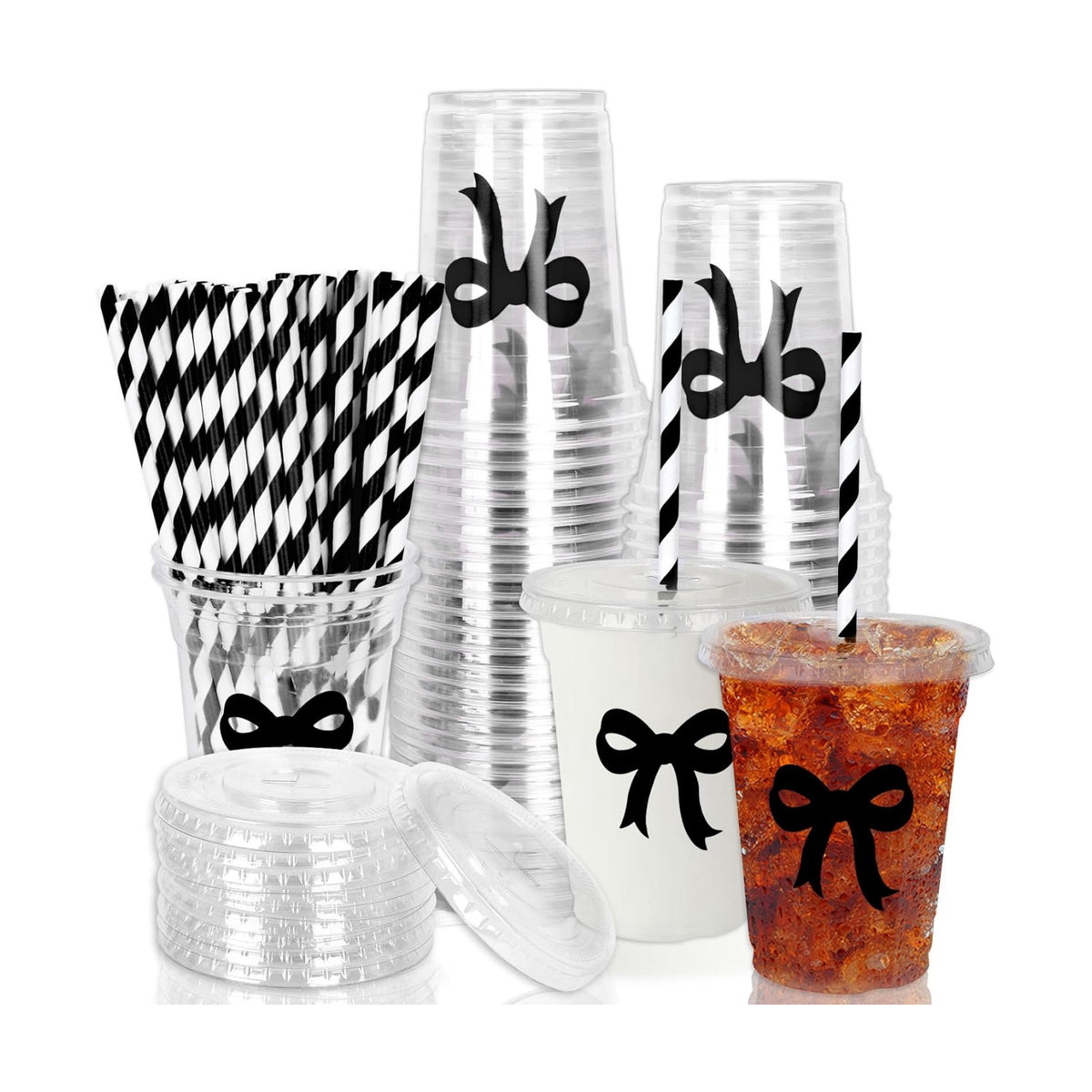 Whaline 50 Pcs Black Bow Disposable Plastic Cups with Lids and Straws 12 Oz Elegant Bow Knot Cold Beverage Drinking Cups for Wedding Birthday Bridal Baby Shower Party Supplies