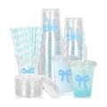 Whaline 50 Pcs Bow Disposable Plastic Cups with Lids and Straws 12 Oz Blue Bow Knot Cold Beverage Drinking Cups