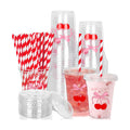 Whaline 50Pcs Cherry Bow Disposable Plastic Cups with Lids and Straws 12Oz Red Pink Cherry Bowknot Cold Beverage Drinking Cups for Wedding Birthday Baby Shower Party Supplies