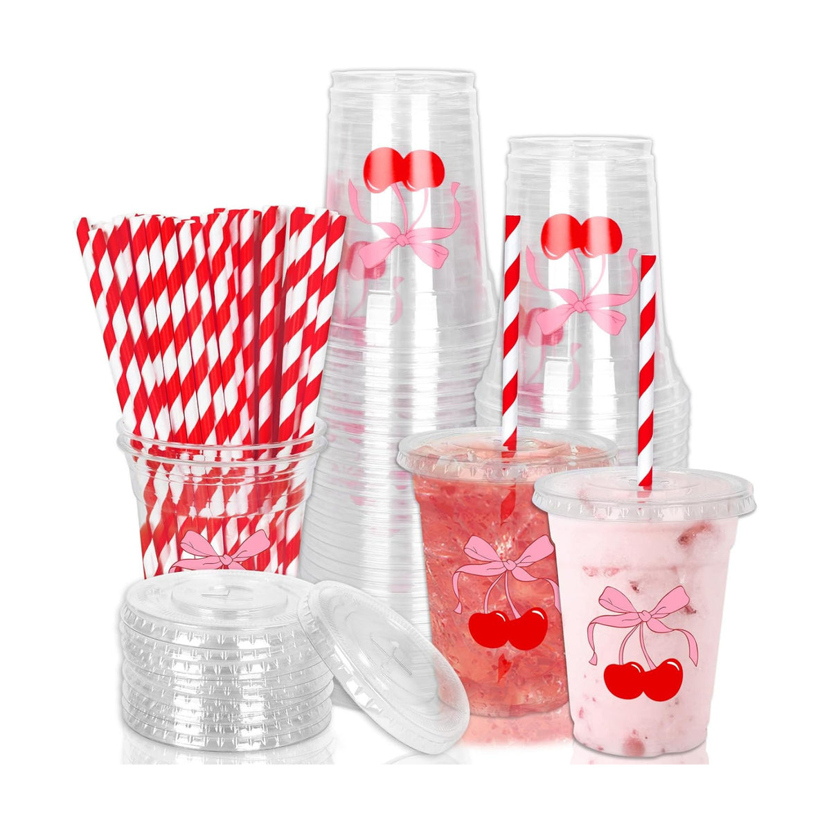 Whaline 50Pcs Cherry Bow Disposable Plastic Cups with Lids and Straws 12Oz Red Pink Cherry Bowknot Cold Beverage Drinking Cups for Wedding Birthday Baby Shower Party Supplies
