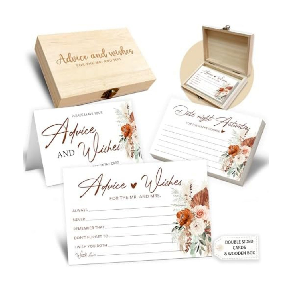 Boho Advice and Wishes for the Mr and Mrs - 50 Packs Wedding Advice Cards Bridal Shower Game Cards with Box Reception Guest Book for Bride Groom Newlywed Engagement Party Decoration -A08