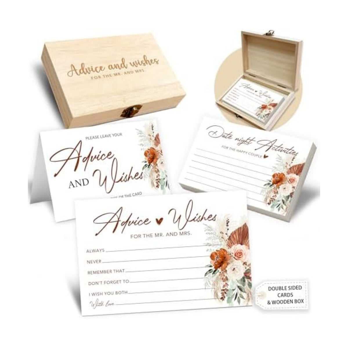 Boho Advice and Wishes for the Mr and Mrs - 50 Packs Wedding Advice Cards Bridal Shower Game Cards with Box Reception Guest Book for Bride Groom Newlywed Engagement Party Decoration -A08