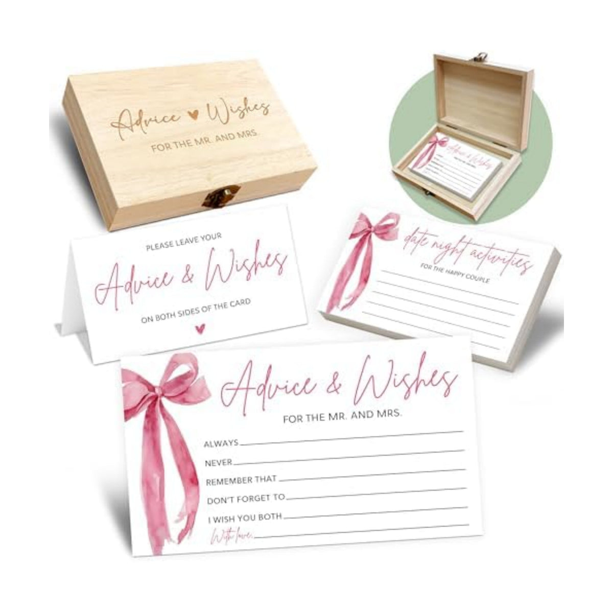 Pink Bow Advice and Wishes for the Mr and Mrs - 50 Packs Wedding Advice Cards Bridal Shower Game Cards with Box Reception Guest Book for Bride Groom Newlywed Engagement Party Decoration -A07