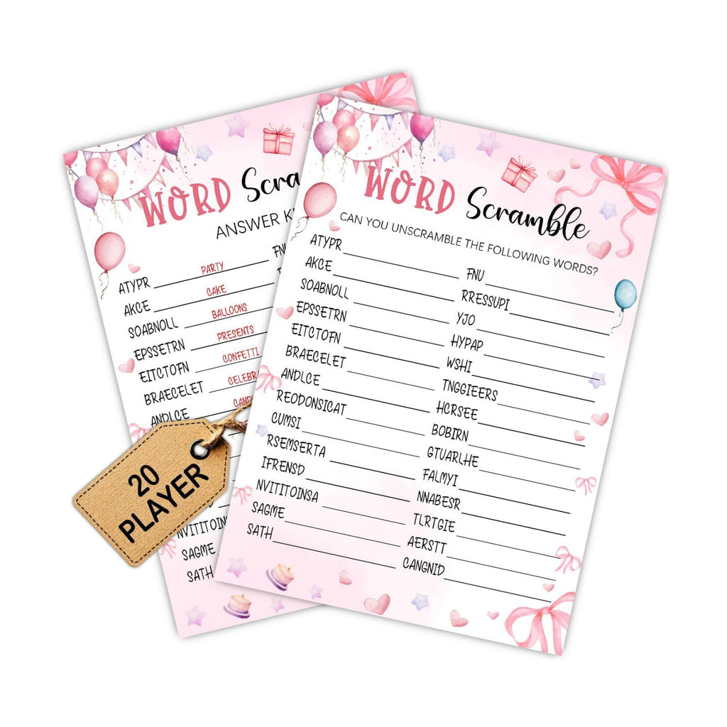 Coquette Pink Bow Themed Sleepover Slumber Party Supplies-Pink Slumber Party Games Card - Sleepover Stuff- Birthday Night Games Creative Idea -Word Scramble- 20 Game Cards and 2 Answer Key
