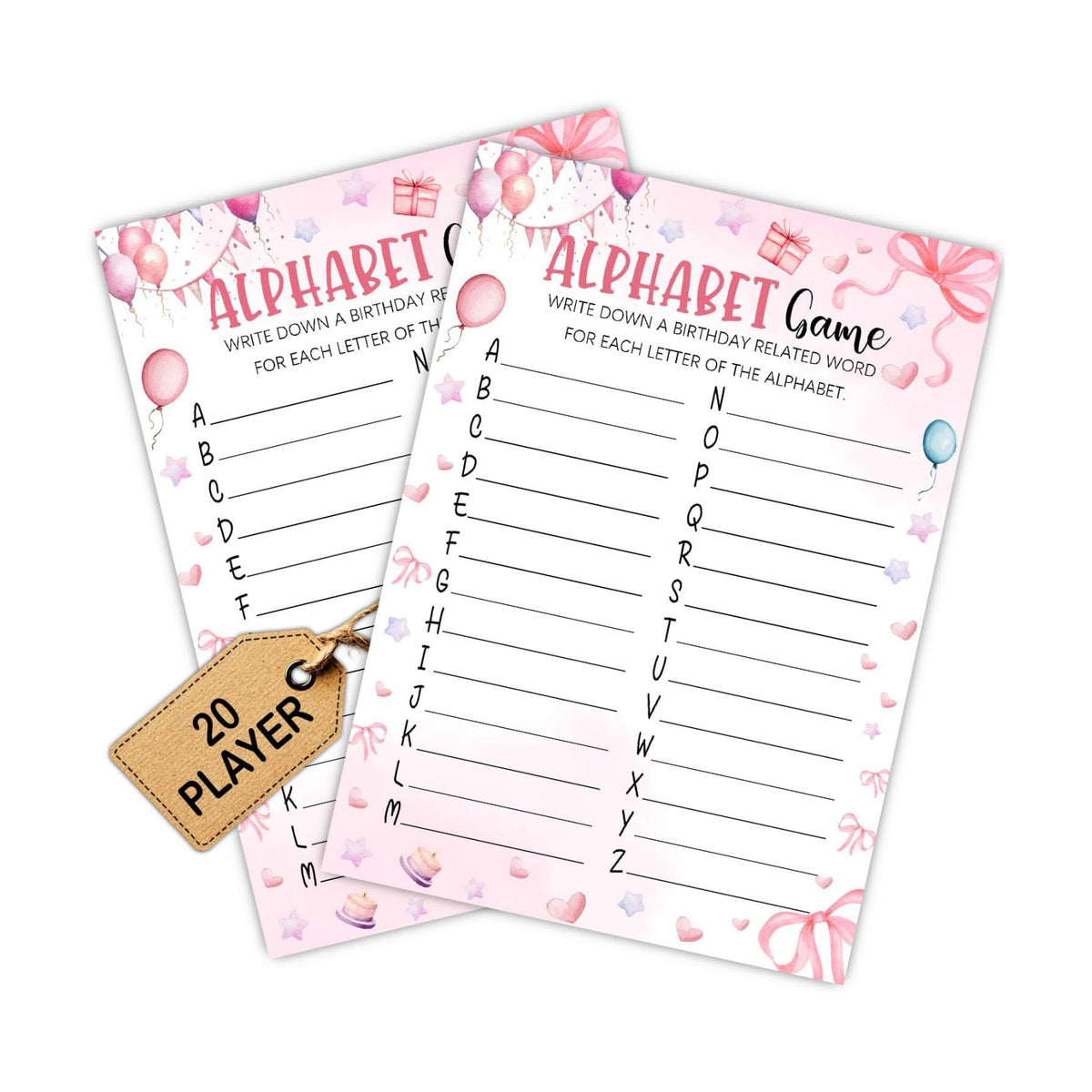 Pink Slumber Party Games Card - Coquette Pink Bow Themed Sleepover Slumber Party Supplies- Sleepover Stuff- Birthday Night Games Creative Idea -Alphabet Game- 20 Game Cards