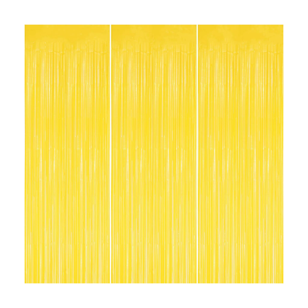 DECOCKRAT 3 Pack Foil Fringe Backdrop - Pastel Yellow Shiny Tinsel Curtains for Party Decoration/Photo Booth Props - 3.3x8.2 FT Metallic Foil Backdrop for Birthday, Wedding, Graduation, Christmas.