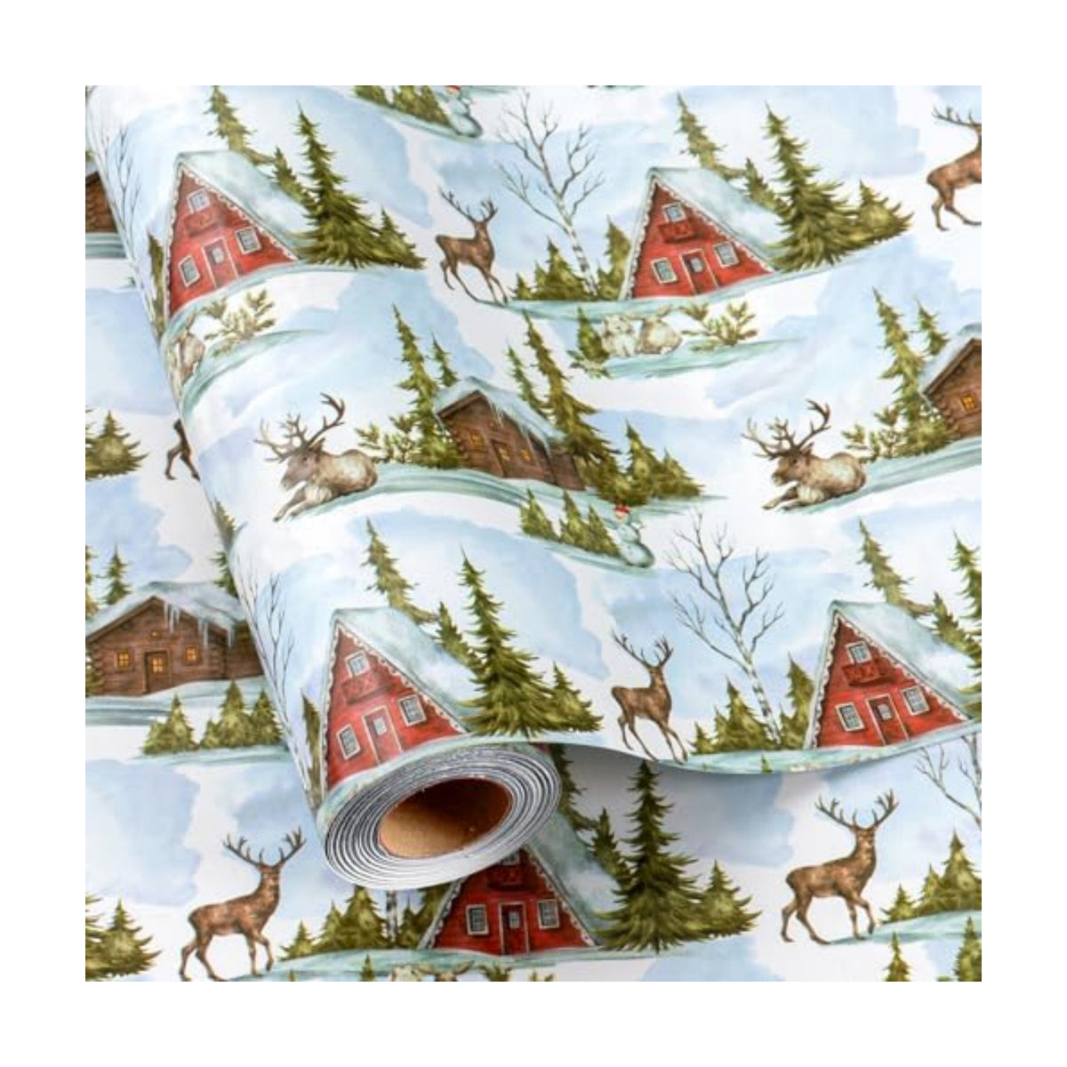MAYPLUSS Christmas Wrapping Paper Roll - 17 In x 33 Feet - Cute Watercolor Christmas Tree Reindeer Log Cabin Gift Wrap Paper for New Year, Holiday, Kids