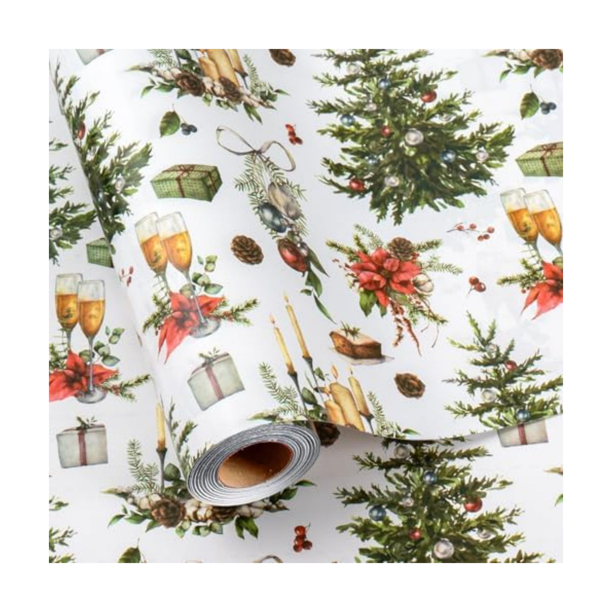 MAYPLUSS Christmas Wrapping Paper Roll - 17 In x 33 Feet - Cute Watercolor Christmas Tree Candle Pinecone Goblet Gift Wrap Paper for New Year, Holiday, Kids