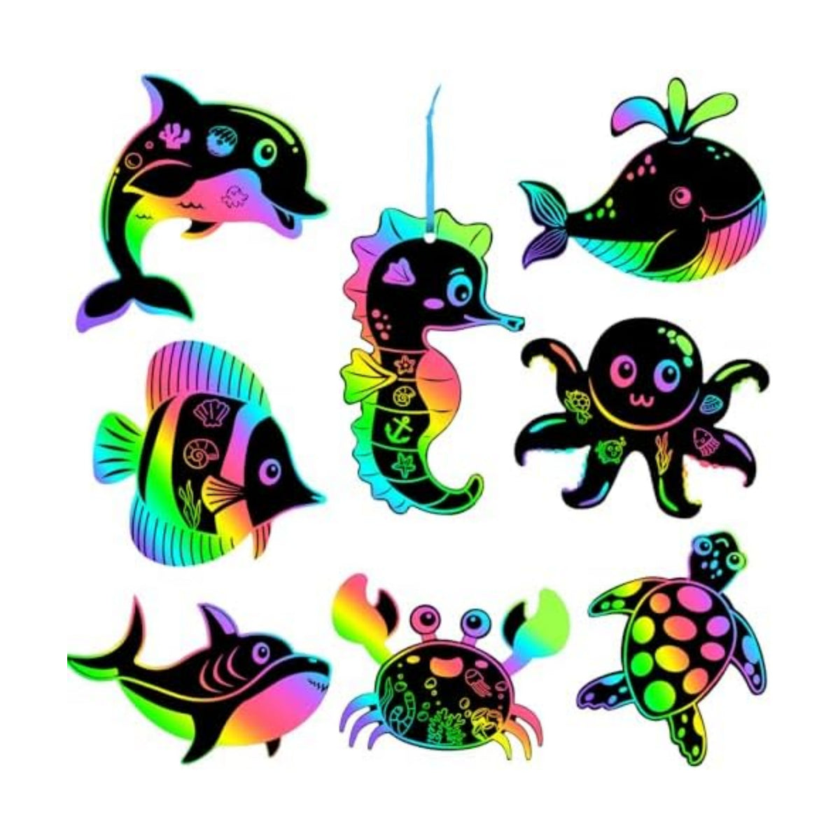 JULMELON 36 Pcs Ocean Crafts for Kids, Rainbow Scratch Art Party Favors