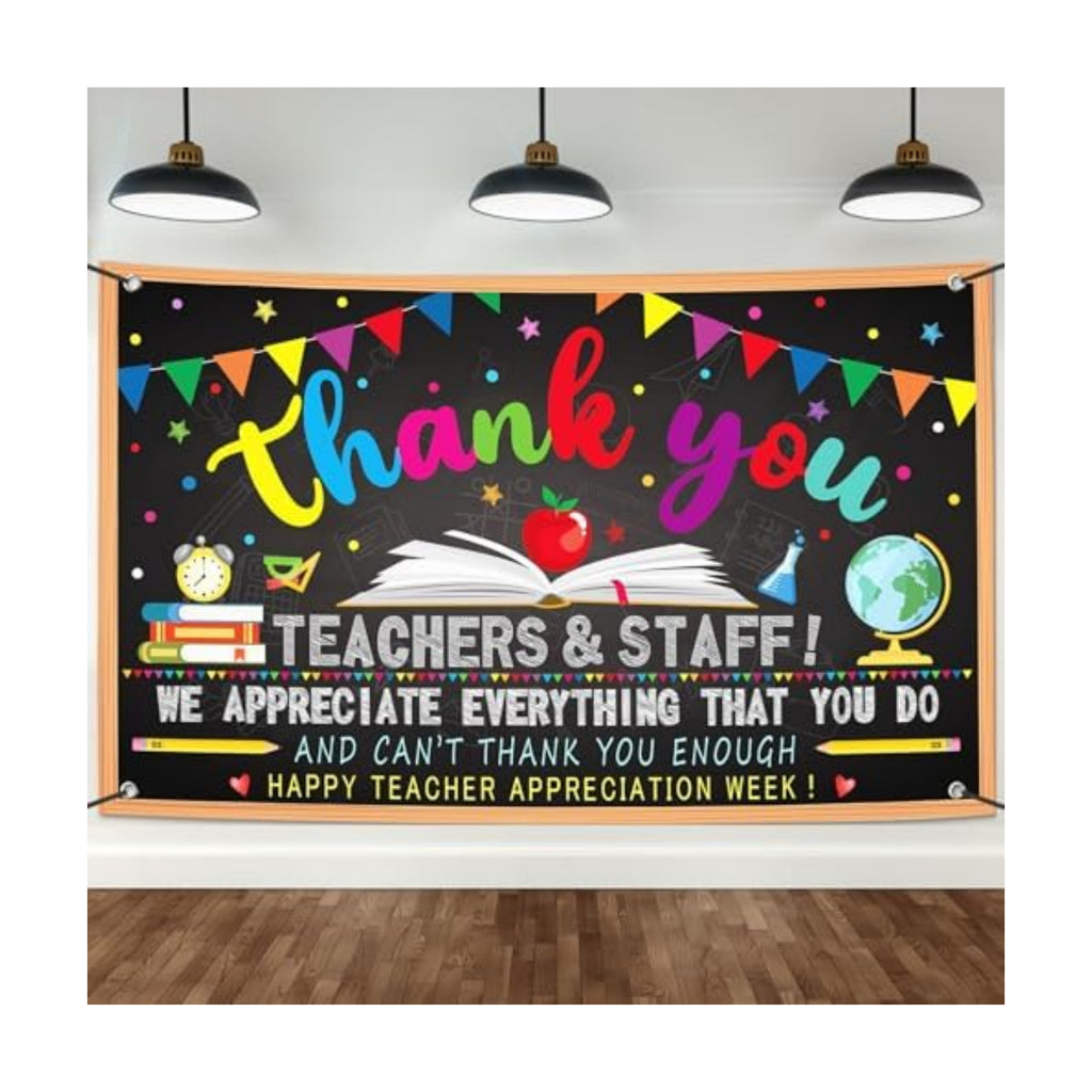 Happy Teacher Day Banner Teacher Appreciation Week Decorations Flag Outdoor 71x44 Inch School Classroom Backdrop,Thank You Teacher Gifts for Indoor Home Party Supplies,Yard Sign Photography Background