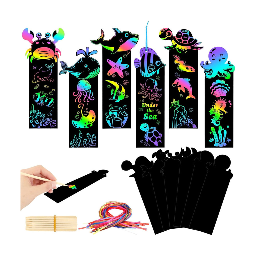 AUGSUN 96Pcs Ocean Animals Scratch Art Bookmarks Rainbow Scratch Bookmarks