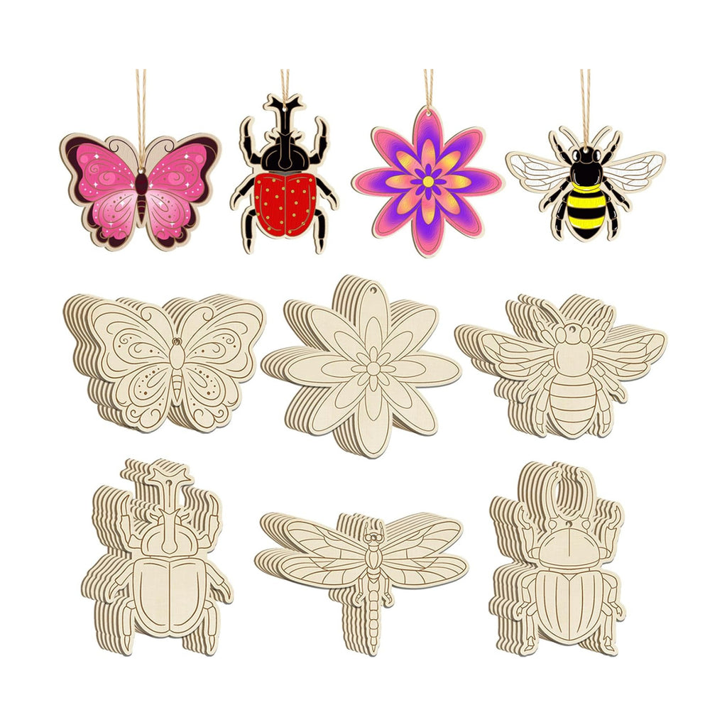 36PCS Wooden Spring Ornaments to Paint, 6 Styles DIY Blank Unfinished Wood Flower Cutouts Butterfly Ornament for Crafts Hanging Decorations, Cute Bee Flower Shape Home Decorations Gifts