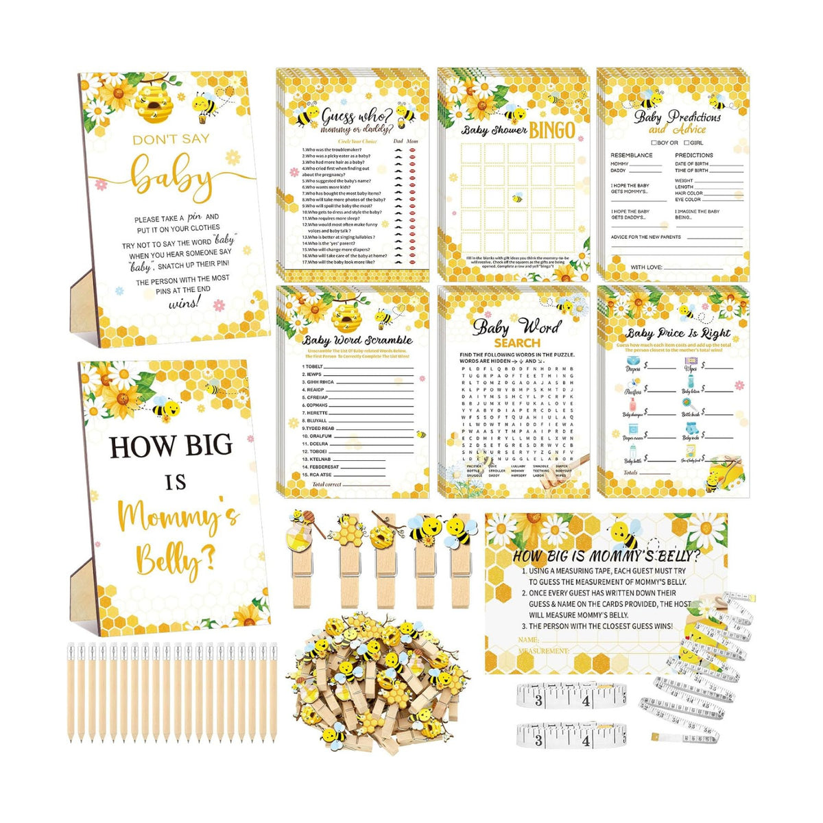 Funnymoom 426 Pcs Bee Baby Shower Games Set, 8 Games Bingo Scramble