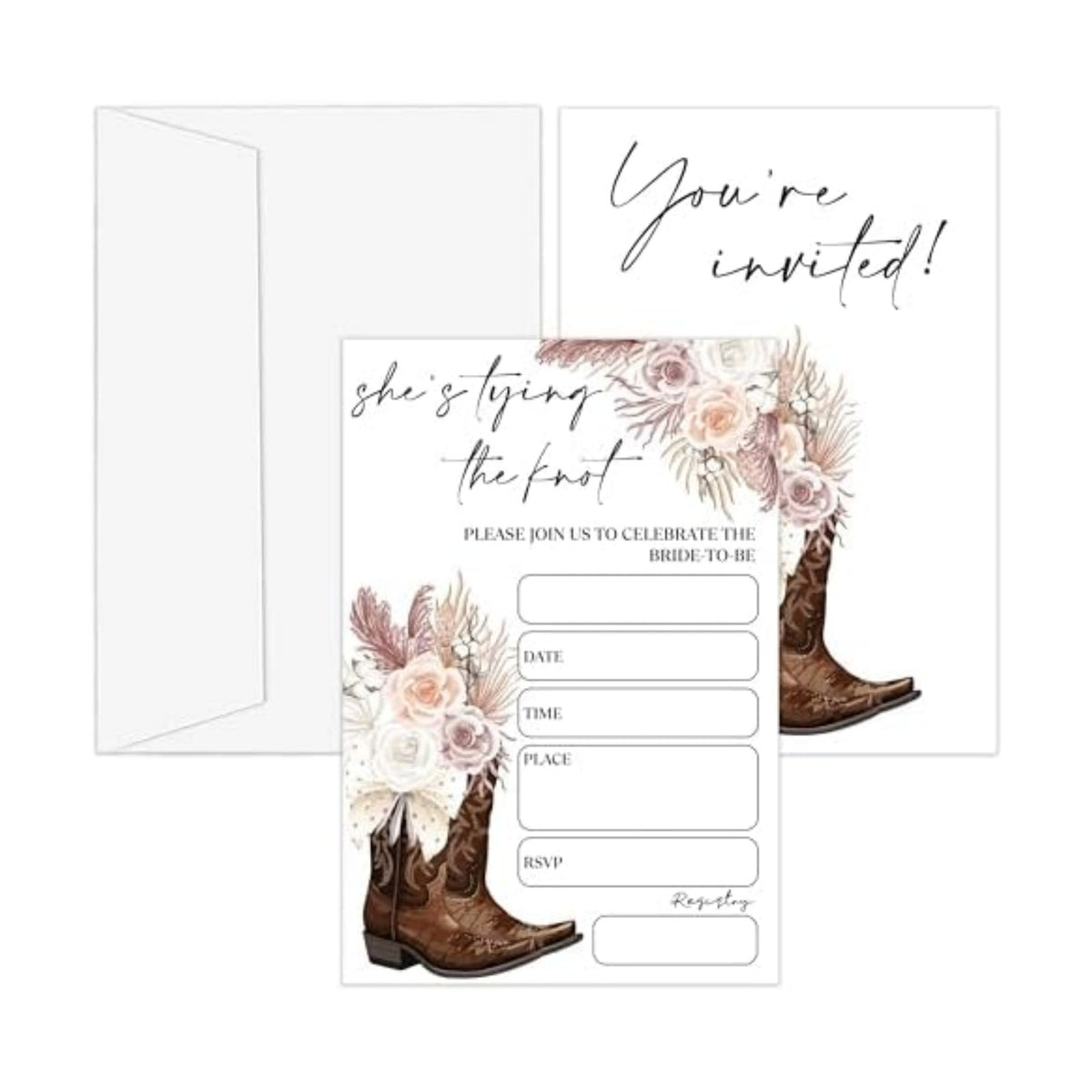 Bridal Shower Invitations, 25 Cowgirl Invites with Envelopes for Bridal Shower Reception Engagement Party, Country Floral Wedding Cards - D06
