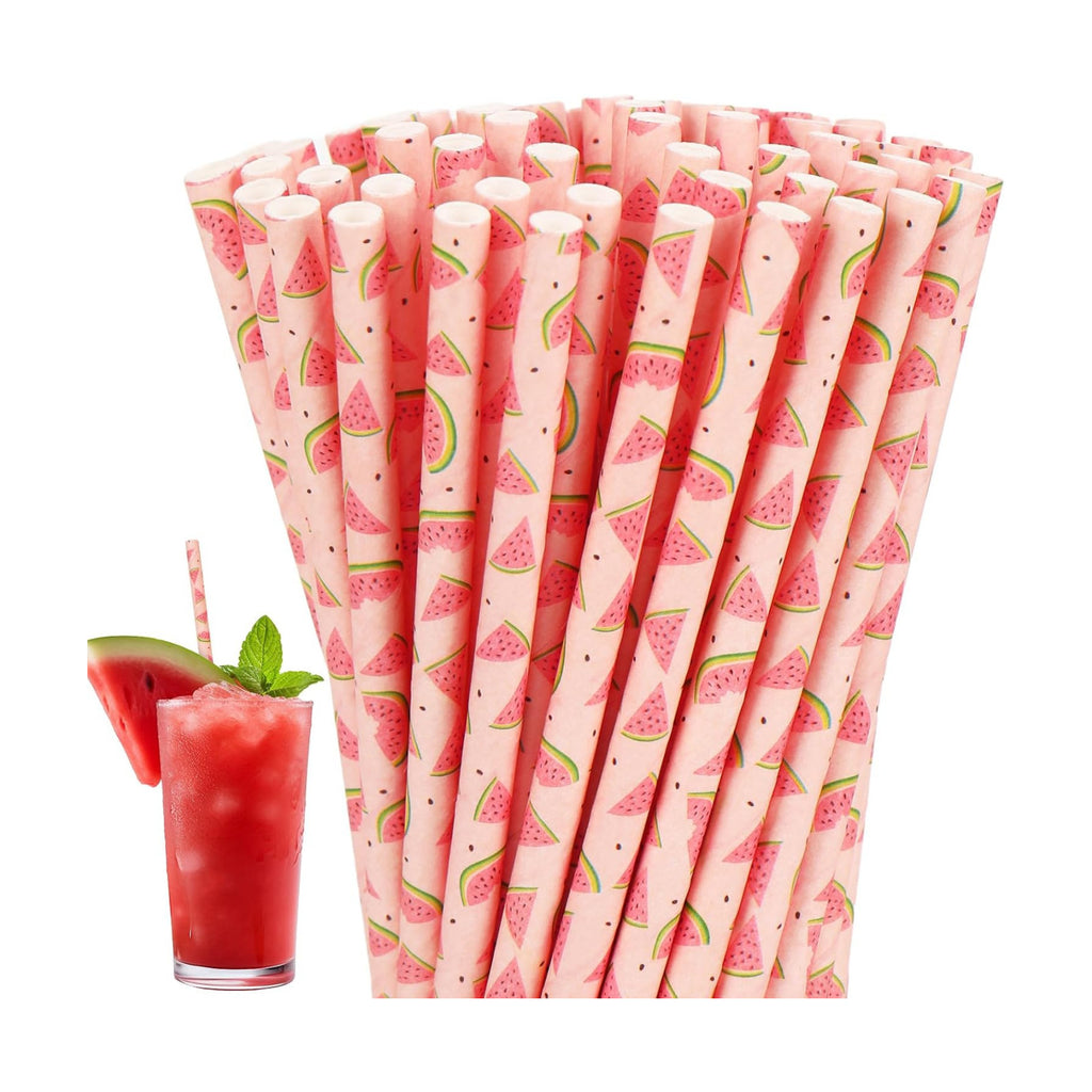 Whaline 200Pcs Watermelon Paper Straws Summer Fruit Drinking Straw Pink Red Watermelon Disposable Straw for One in A Melon Baby Shower Party Supplies