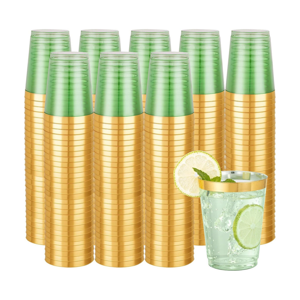 supernal 100 Pcs 10 oz Clear Green Plastic Cups,Gold Rimmed Party Tumblers