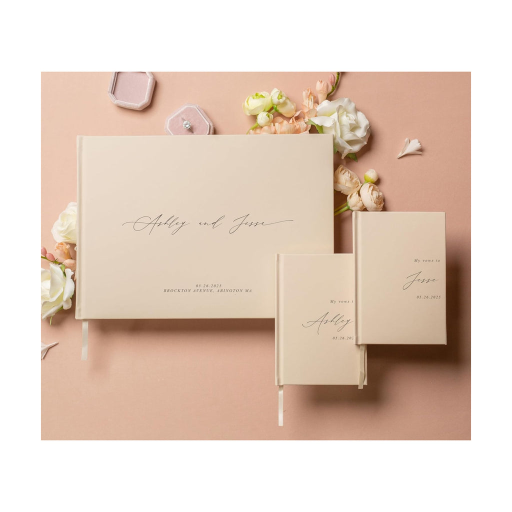 Personalized Wedding Book Set with Guestbook Vow Books (Design 1) - Custom Large 11.5 x 8.5 Guest Signin Book, 5.75 x 4 Vow Books for Marriage Ceremony Reception, Gift for Engaged Couple, Oats