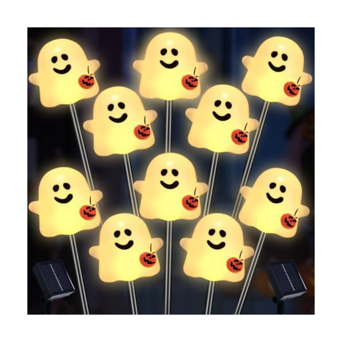 Solar Halloween Ghost Pathway Lights, 10 Pack Ghost Stake Lights with Pumpkin Design, Durable Waterproof Outdoor Halloween Decoration for Garden, Walkway, and Yard (Warm White)
