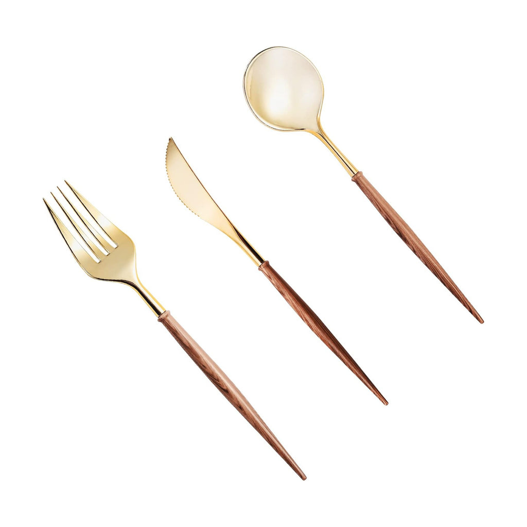 Lullaby 240PCS High End Gold Plastic Silverware with Wood Grain Handle