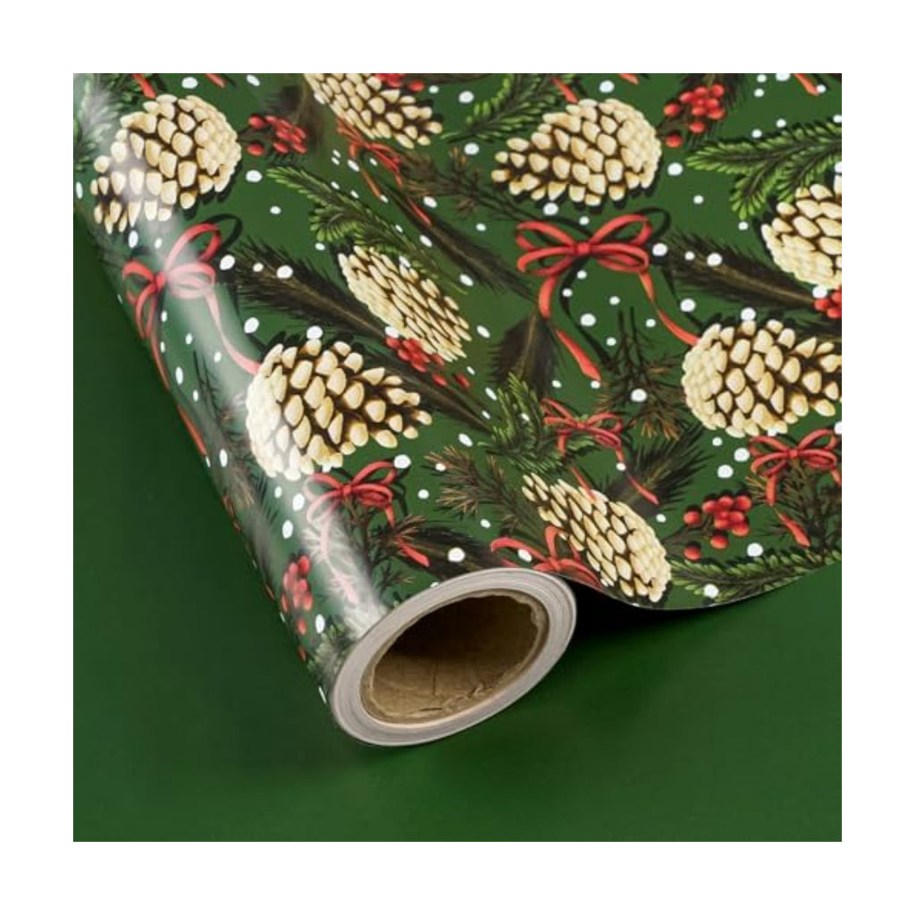 WRAPAHOLIC 30 Inch Reversible Green Christmas Wrapping Paper - 30 Inch x 33 Feet - Pinecones with Red Bow Wrapping Paper and Solid Green for Xmas Holiday, Party Celebration