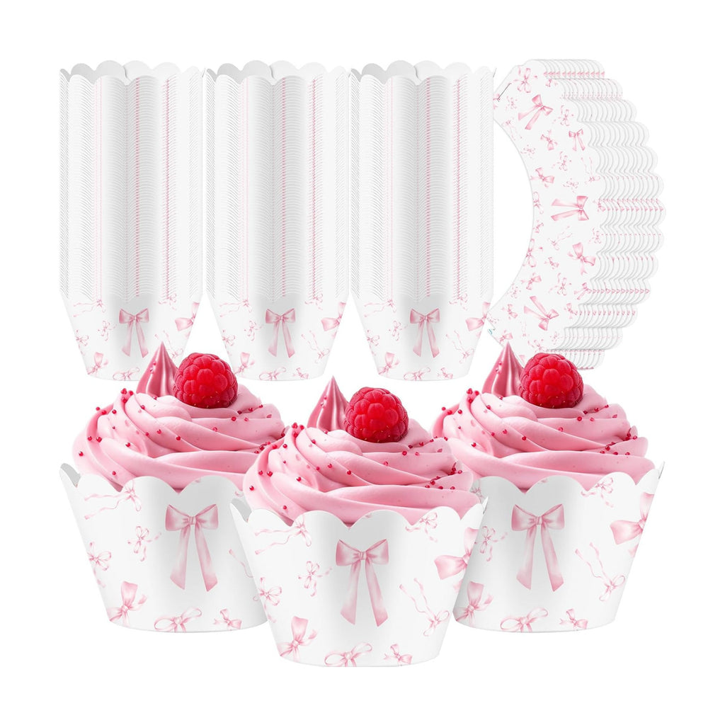 Domensi 100 Pcs Pink Bow Cupcake Wrappers Wedding Bridal Shower Party