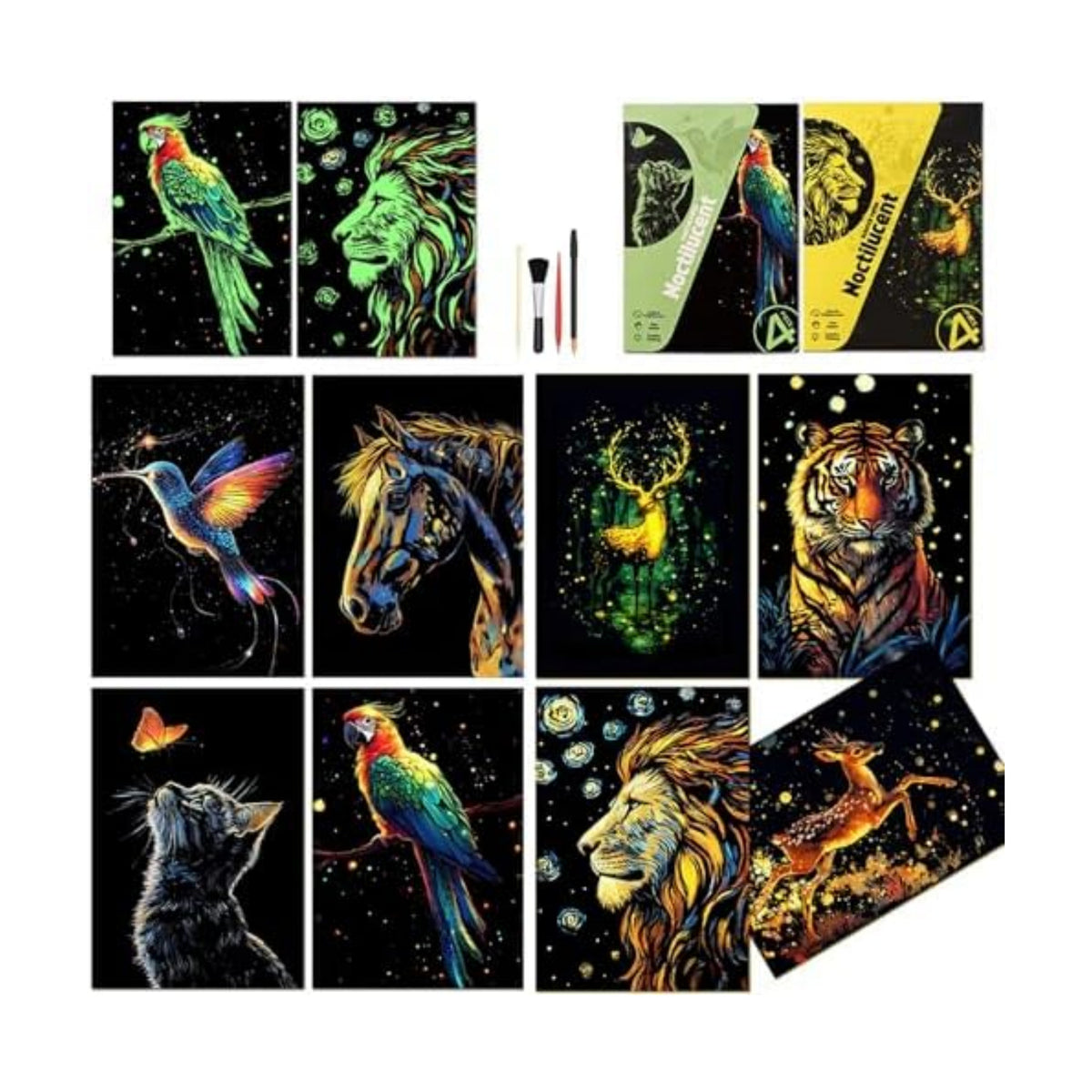 Scratchboard Art for Adults Luminous Scratch Painting Kits-A5/8 PCS-Animals
