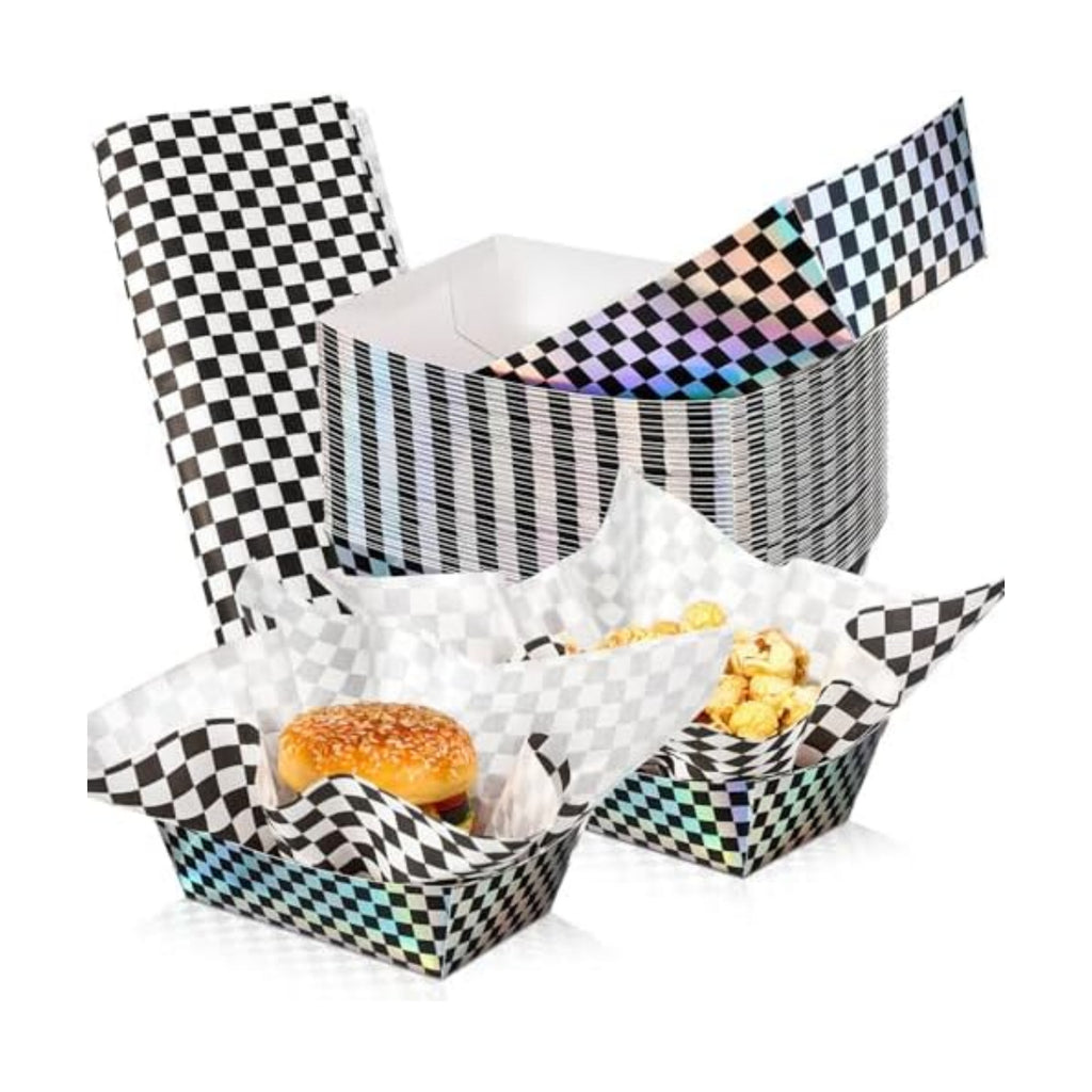 Geosar 100 Pcs Gingham Paper Food Tray with Wax Paper,Iridescent