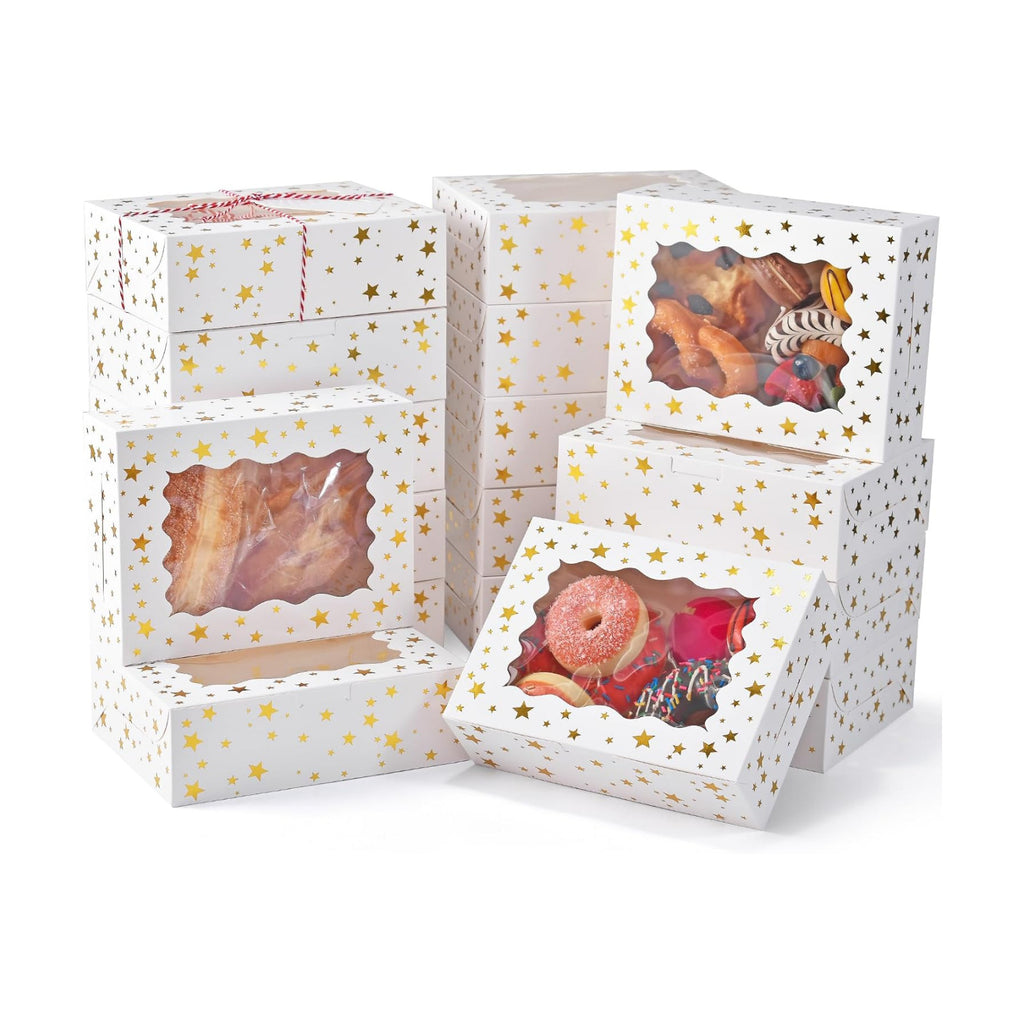 12Pcs 8"x6"x2.5" Christmas Cookie Boxes with Window, White Gold-Star