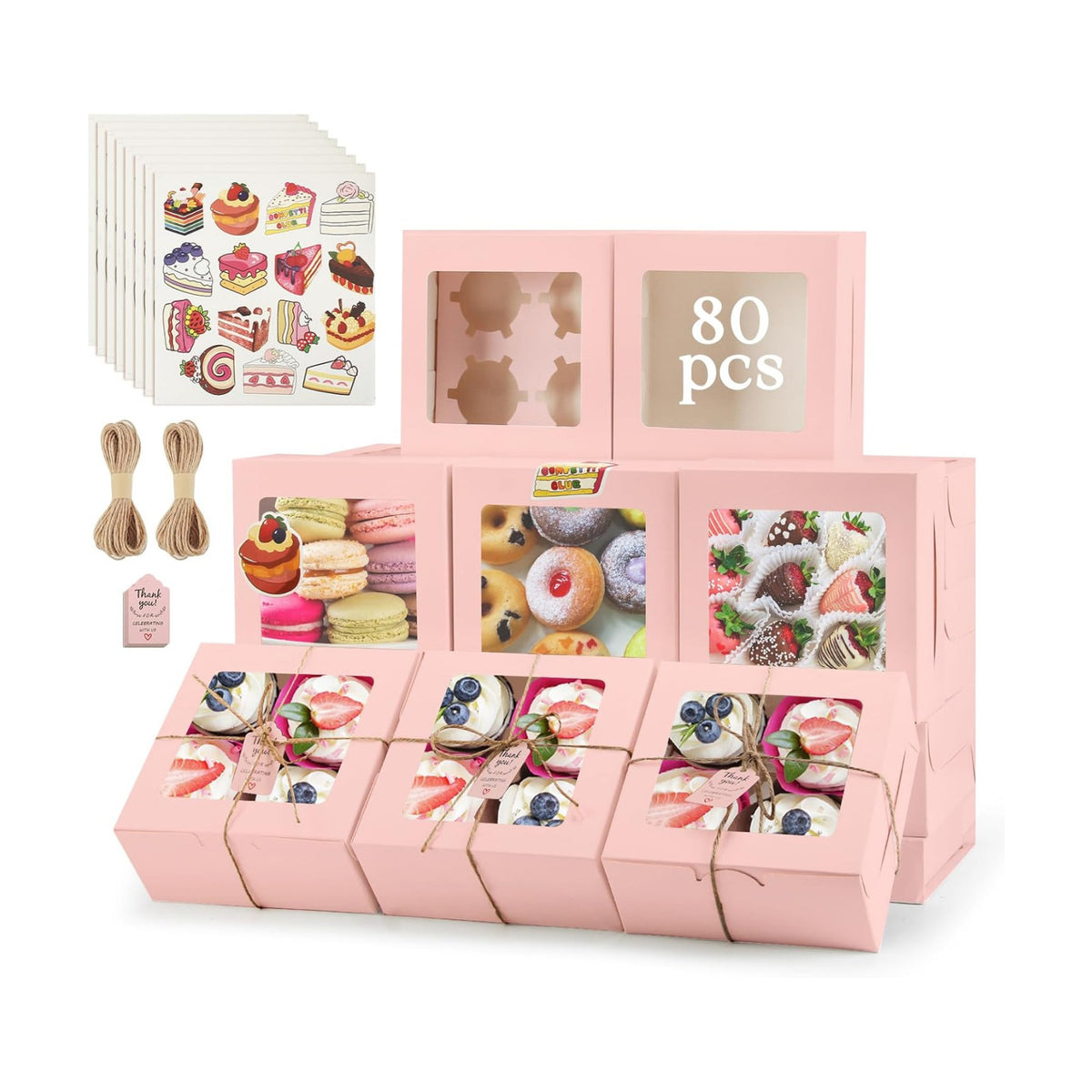 OAMCEG Cupcake Boxes with Window, 6x6x3 Inches Cookie Boxes,80 Pack,Pink