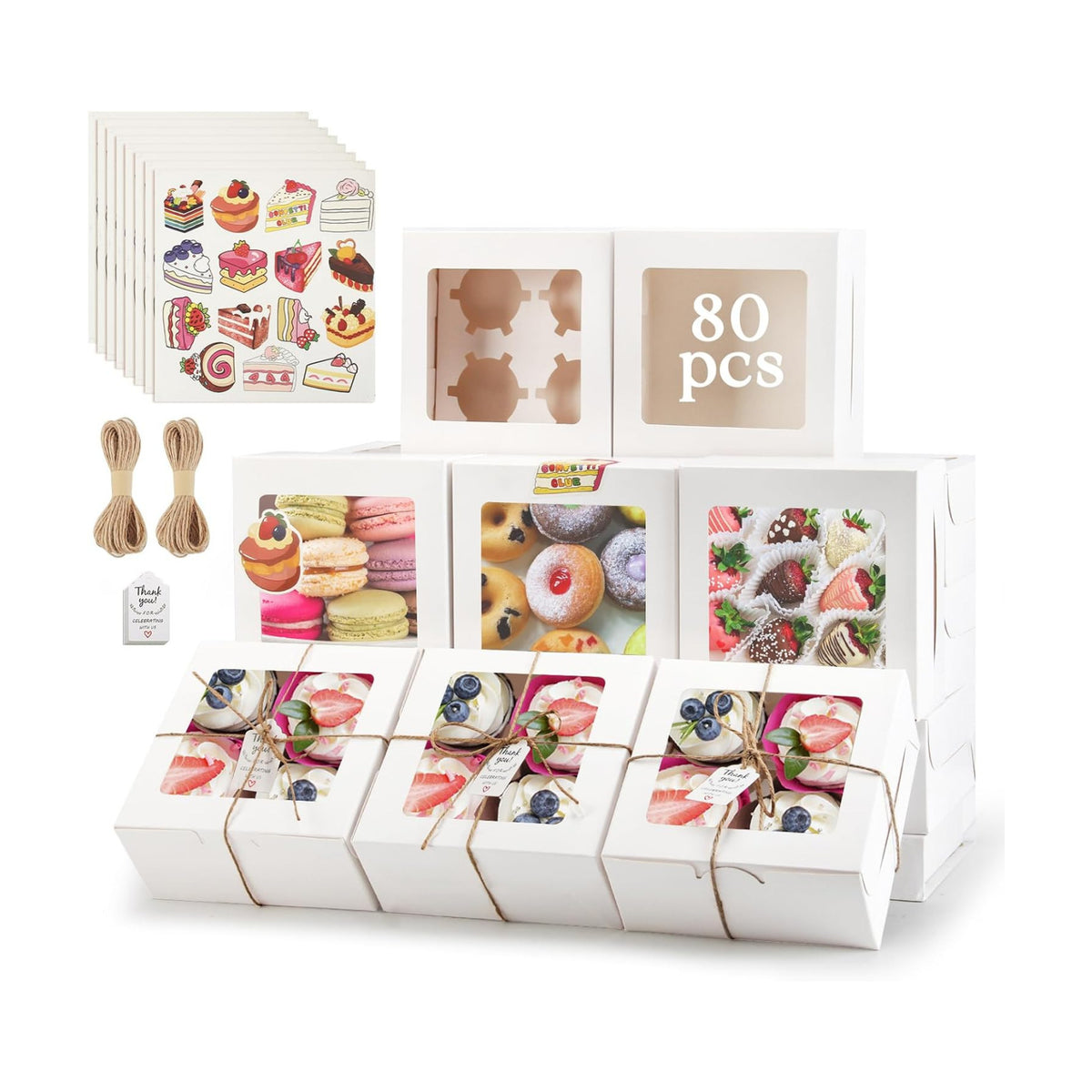 OAMCEG Cupcake Boxes with Window, 6x6x3 Inches Cookie Boxes,80 Pack,White