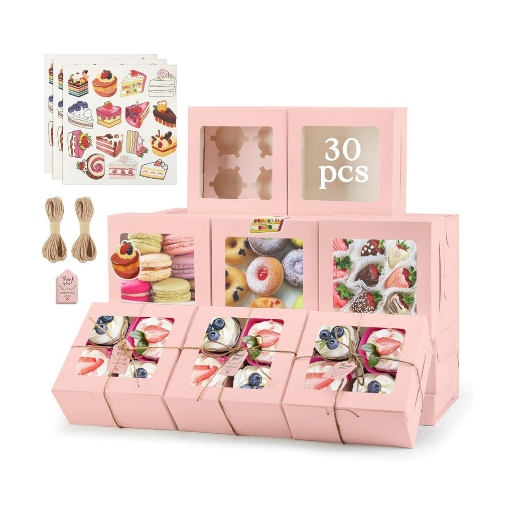 OAMCEG Cupcake Boxes with Window, 6x6x3 Inches Cookie Boxes,30 Pack,Pink
