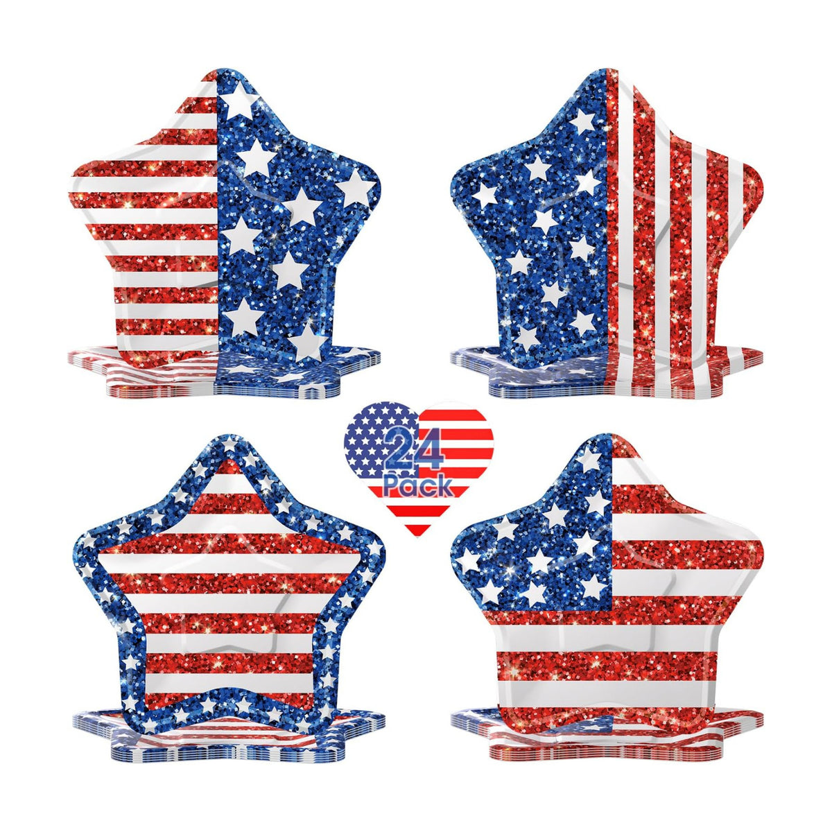 24 Pcs 4th of July Paper Plates - American Flag Patriotic Plate, Disposable Red White and Blue Star Shaped Dinner Dessert Plates Tableware for July 4th Memorial Day Independence Day Party Supplies