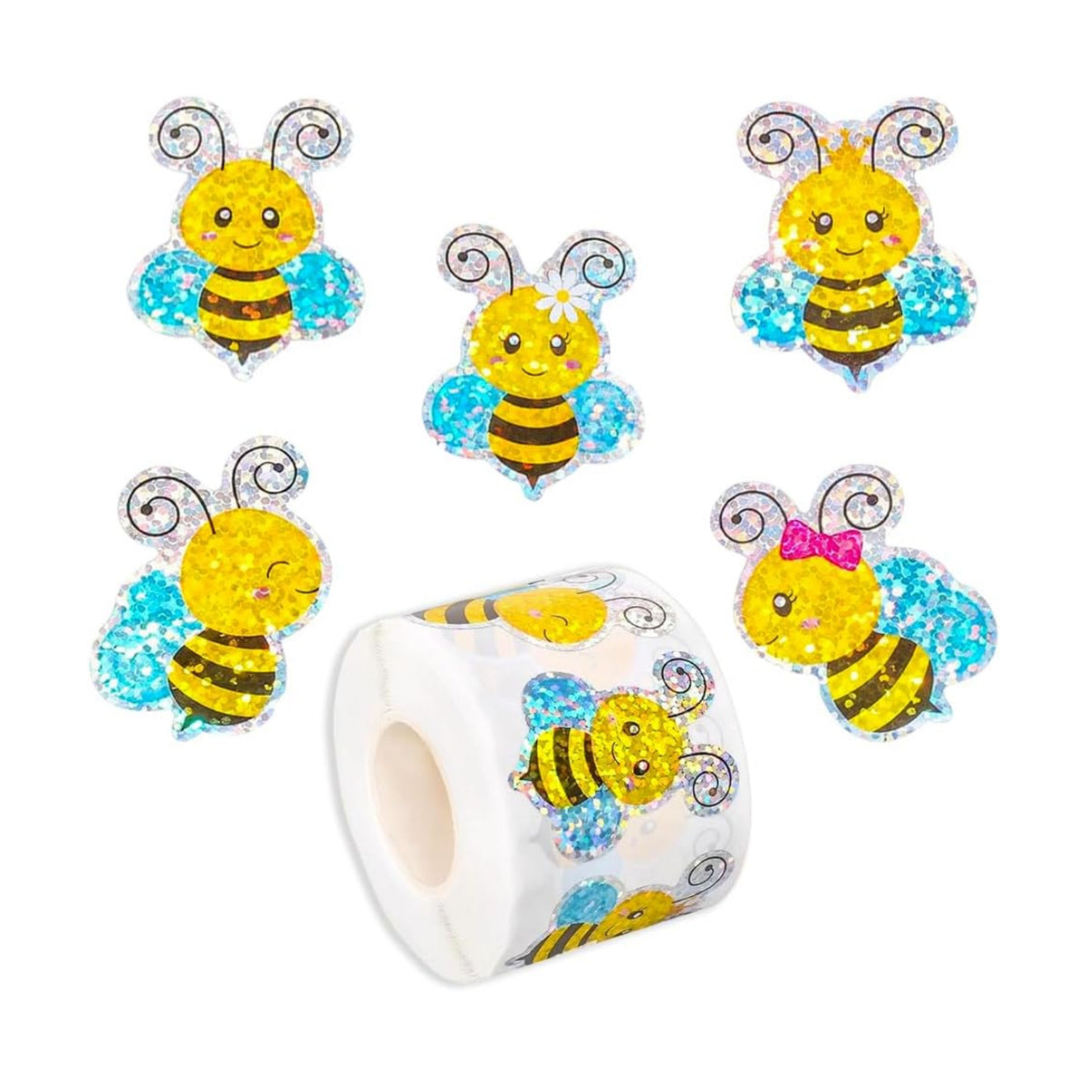 500Pcs Summer Bee Stickers Roll 1.5in Large Glitter Bumble Bee Seal Stickers 5 Designs Cartoon Animal Waterproof Classroom Reward Decals for Spring Bottle Scrapbook Journal Decor