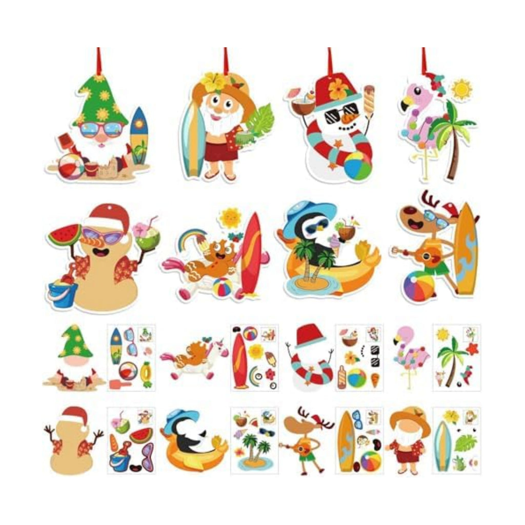 JUNEBRUSHS 32 Pcs Summer Christmas Craft Sticker, Santa Snowman Tropical Christmas Hanging Party Cardboard Stickers Decoration for Christmas Home Pool Beach Activities