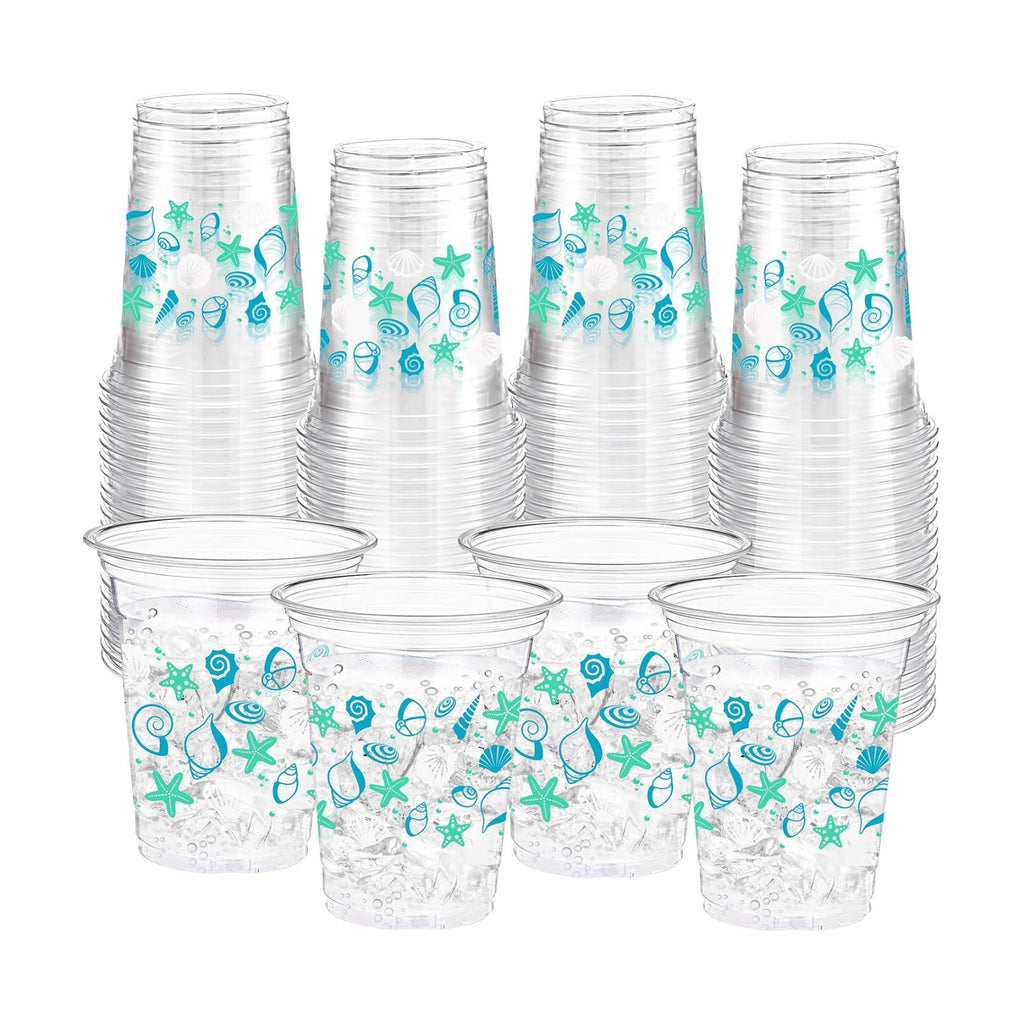 Funnymoom 60 Pack Seashell Beach Plastic Cups 12 oz Summer Beach Starfish Disposable Clear Beverage Drinking Cups for Sea Ocean Pool Birthday Bridal Wedding Baby Shower Party Decoration Supplies