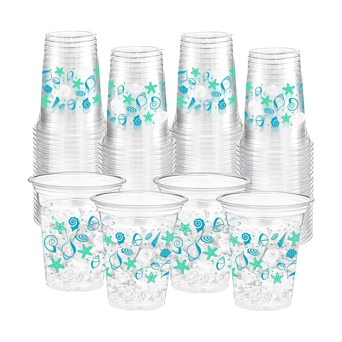 Funnymoom 60 Pack Seashell Beach Plastic Cups 12 oz Summer Beach Starfish Disposable Clear Beverage Drinking Cups for Sea Ocean Pool Birthday Bridal Wedding Baby Shower Party Decoration Supplies