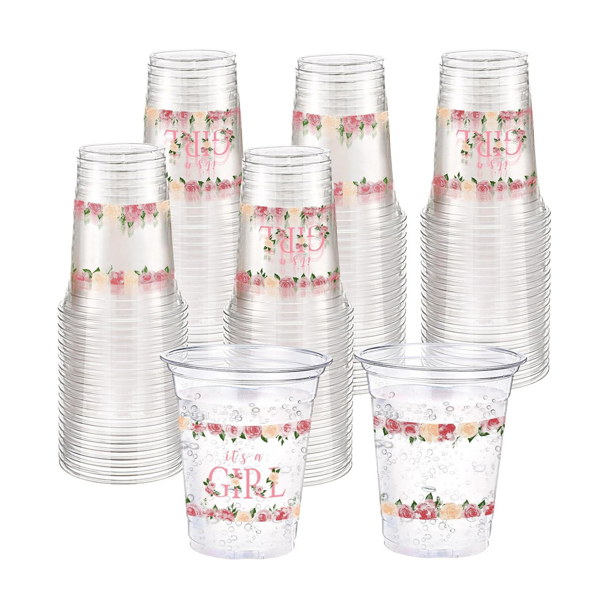 Funnymoom 60 Pack Floral Baby Shower Cups 12 oz It's a Girl Pink Floral Disposable Clear Plastic Drinking Cups for Baby Shower Gender Reveal Birthday Party Decorations Supplies