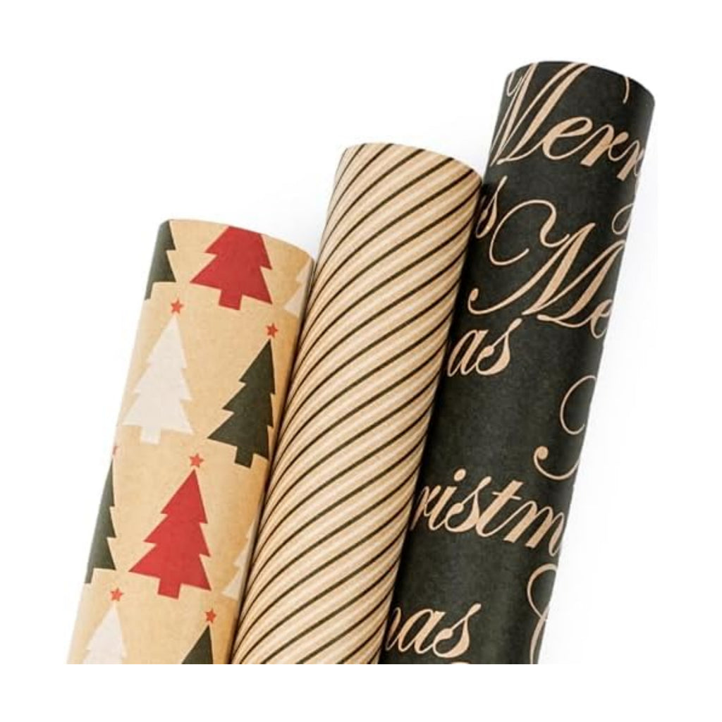 LaRibbons Kraft Christmas Wrapping Paper Set, Elegant Gift Wrap with Trees, Stripes & Merry Christmas, Black & Brown Holiday Paper with Cutlines for Xmas, Party Gifts, 17 inch x 10 ft -3 Rolls