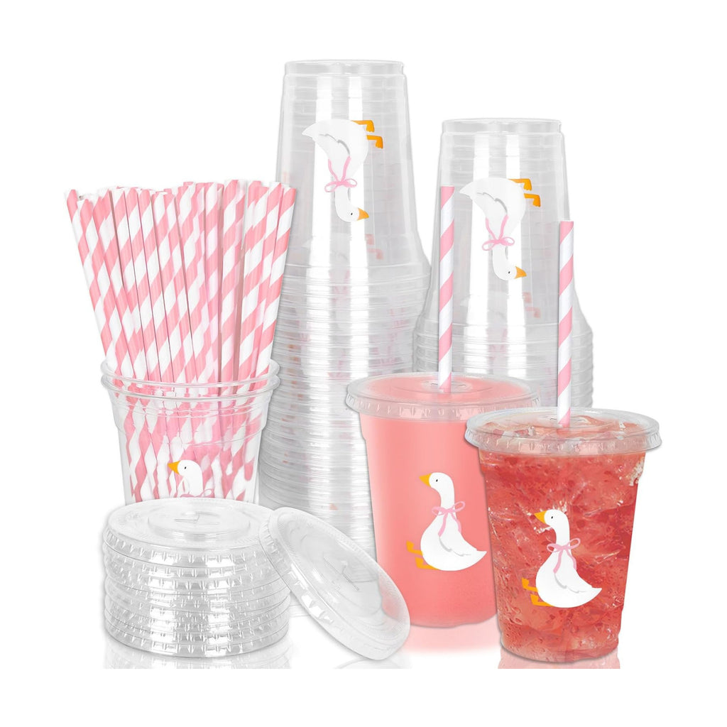 Whaline 50 Pcs One Silly Goose Disposable Plastic Cups with Lids and Straws 12 Oz Cute Pink Bow Goose Cold Beverage Drinking Cups for First Birthday Baby Shower Party Supplies